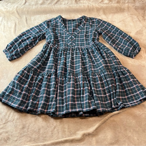 MADEWELL Cotton 'Colette' Green Western Plaid Mini Tiered Shirt Dress - Sz 4 - Picture 2 of 12